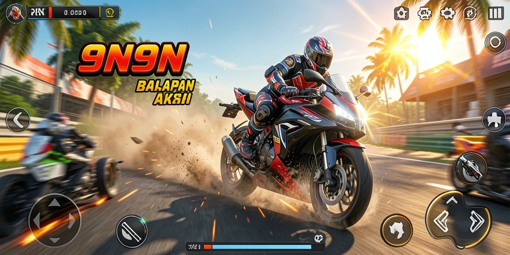 Screenshot dari gameplay balapan motor yang seru dan mendebarkan.