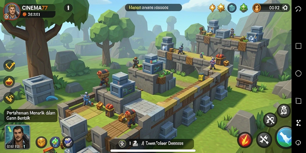 Screenshot gameplay CINEMA77 menampilkan pertahanan tower yang strategis dan menantang.