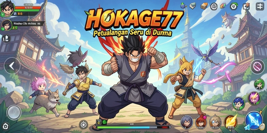 Screenshot gameplay HOKAGE77 menampilkan karakter anime ikonik dalam pertempuran.