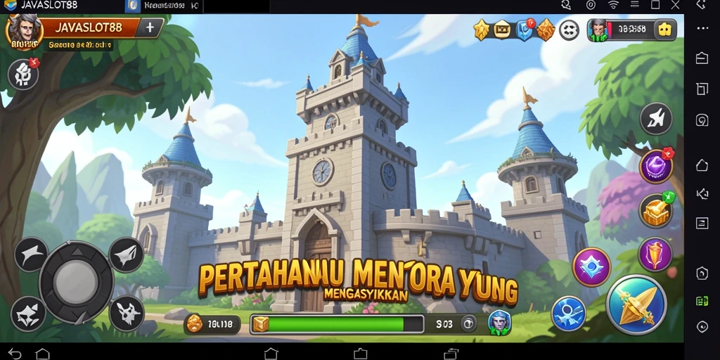 Tampilan menara dan efek pertahanan dalam permainan Tower Defense.