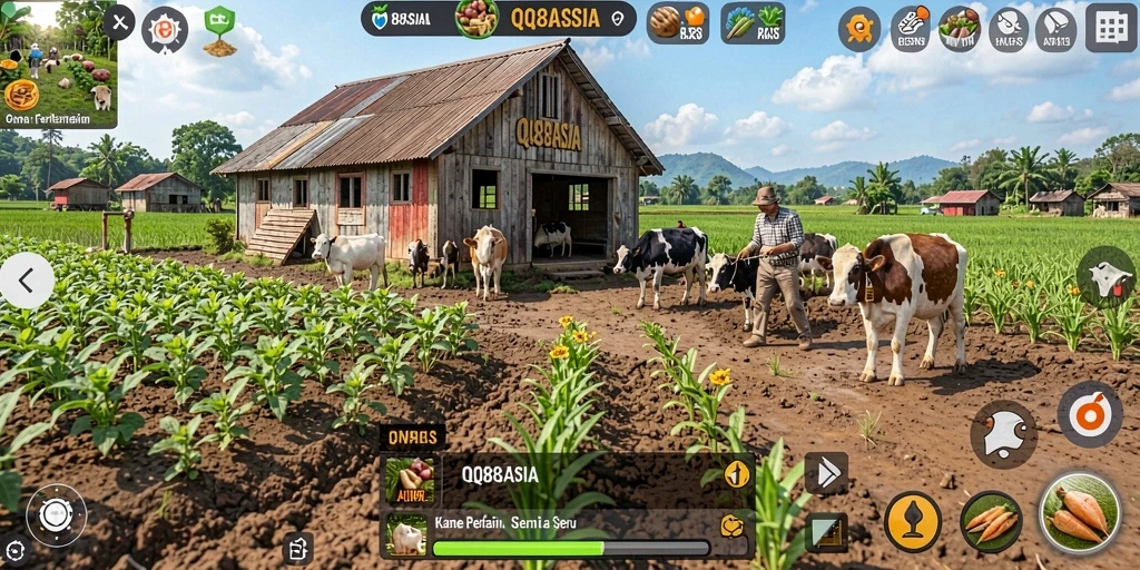 Gameplay QQ88ASIA yang menampilkan kebun subur dan aktivitas bertani.